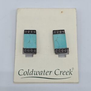 VTG Coldwater Creek Sterling Silver & Turquoise Rectangle Clip On Earrings